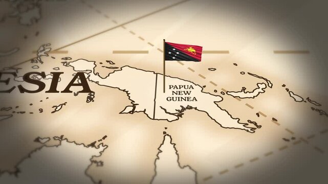 Papua New Guinea flag showing on world map with 3D rendering