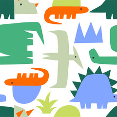 Cute dinosaur in cartoon style. Bold, simple form, trendy colors. Childish flat vector illustration. Dino seamless pattern © NadezdaBarkova