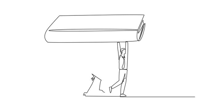 Self drawing animation of continuous one line drawing a group of businessmen and businesswomen work together carrying a book. Read to broaden the knowledge. For better business. Full length animated
