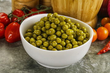 Sweet canned young green peas