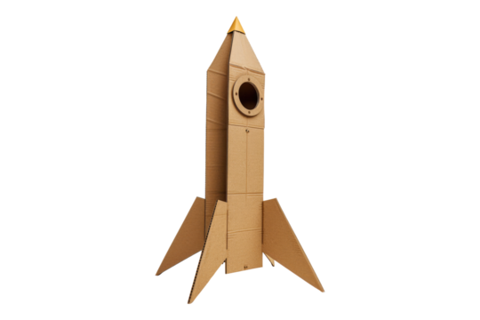Cardboard rocket isolated on transparent background