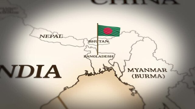 Bangladesh flag showing on world map with 3D rendering