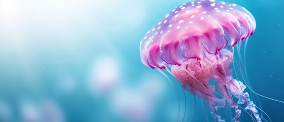  A tight shot of a jellyfish in clear blue water, its translucent body speckled with tiny white spots, one cluster visible near the head