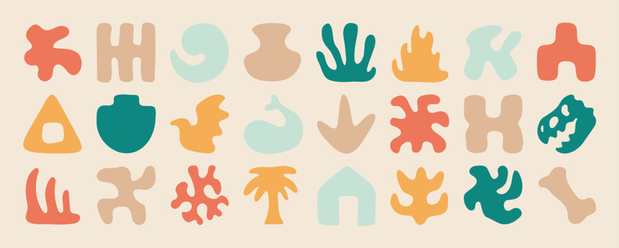 Set of abstract organic shapes element vector. Plants, coconut tree, leaf, algae, vase in paper cut collage. Contemporary aesthetic vector element for logo, decoration, print, cover, wallpaper.