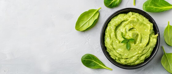 Obraz premium A white surface holds a black bowl brimming with green guacamole Surrounding it are luscious green leaves Text space remains available