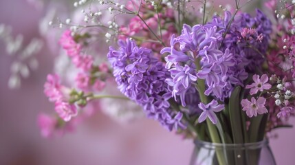 Obraz premium Arrangement of purple hyacinth and pink gypsophila flowers in a vase Concept for florist displays or home decor Focus on specific details Ample space for text