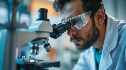 A scientist or doctor examines a sample under a microscope, representing scientific research