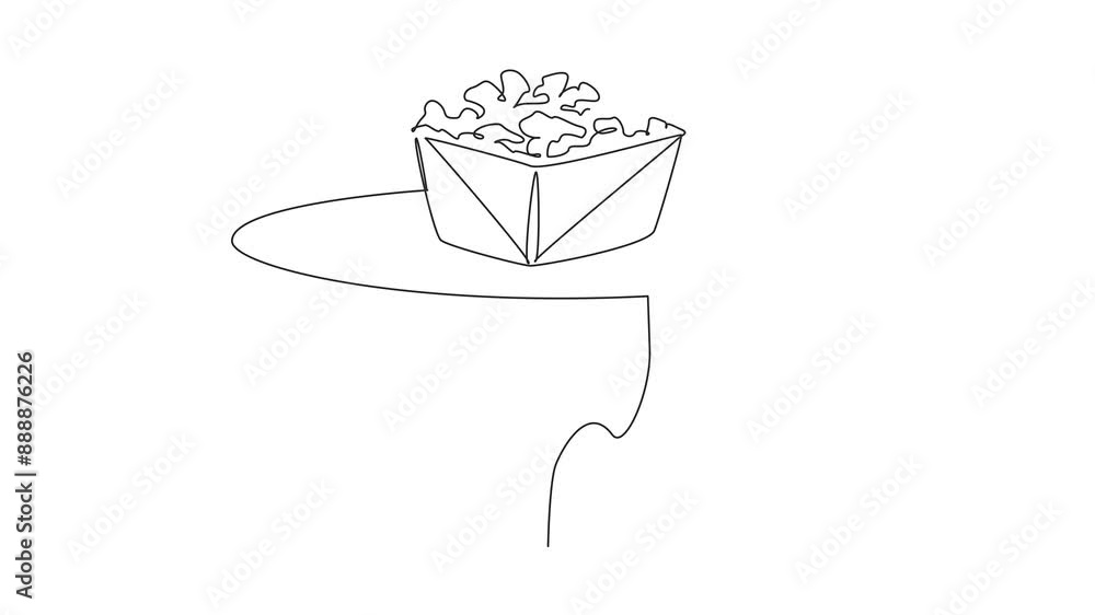 Poster animated self drawing of single continuous line drawing the waiter holds a food tray serving popcorn