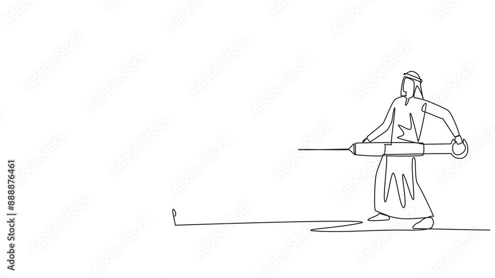 Poster animated self drawing of single one line drawing arab businessman holding big syringe and want to in
