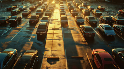 Obraz premium Morning light illuminating an open parking lot with rows of parked cars