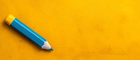  A blue pencil sits atop a yellow surface, its eraser, white and ready, extended beside it