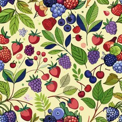 Seamless pattern of assorted berries and leaves, Generative AI
