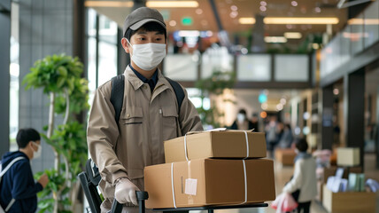 オフィスで荷物を配達する日本の配達員