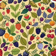 Seamless pattern of assorted berries and leaves, Generative AI