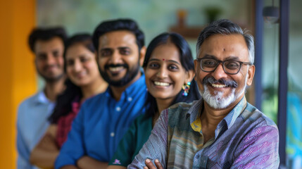 Fototapeta premium Smiling multicultural team of Indian managers enjoying a team-building activity in a contemporary workplace