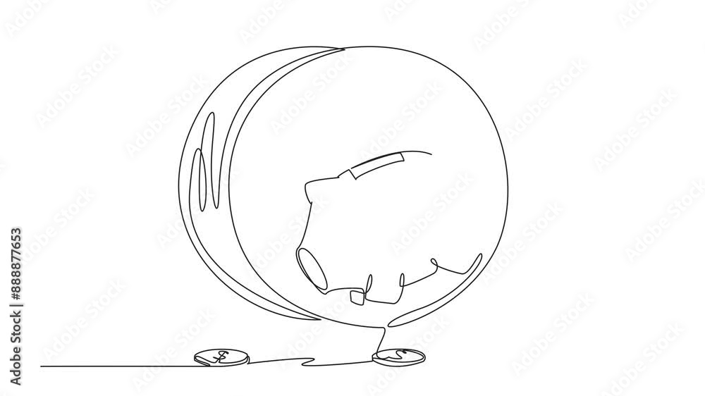 Poster animation of single continuous line drawing piggy bank runs on the running wheel. the coins are scat
