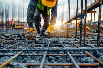 A construction worker working on steel rebar frames at the site of an industrial building under creation, with the background the metal girder frame structure of a concrete modern commercial complex.