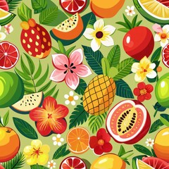 Seamless pattern of assorted tropical fruits and hibiscus flowers, Generative AI