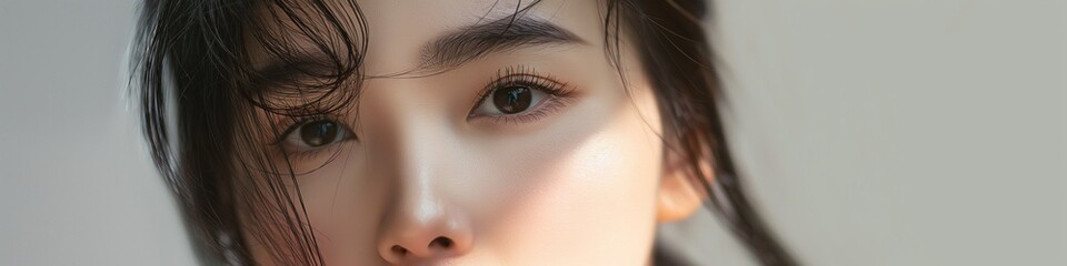Beautiful asian korean girl eyes with glass clean skin banner