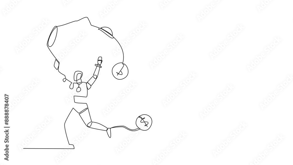 Poster animation of single continuous line drawing robot running lifting piggy bank on shoulders. dollar sy