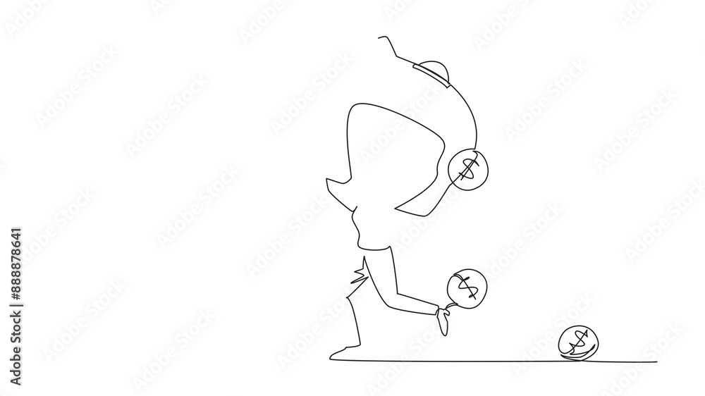 Poster self drawing animation of single continuous line drawing businesswoman running lifting a big piggy b