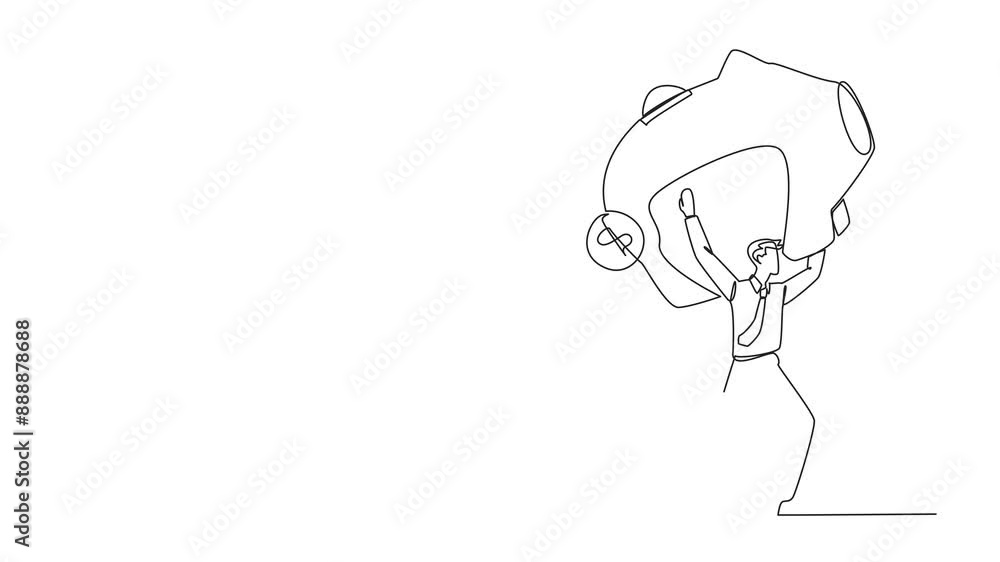 Poster animated self drawing of continuous one line drawing businessman running lifting piggy bank on shoul