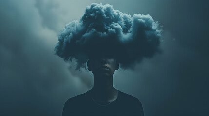 A person with a dark cloud over their head is a metaphorical image of depression and mental health problems. The view highlights the exhaustion and anxiety that comes with mental illness.
