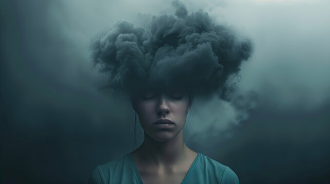 A person with a dark cloud over their head is a metaphorical image of depression and mental health problems. The view highlights the exhaustion and anxiety that comes with mental illness.
