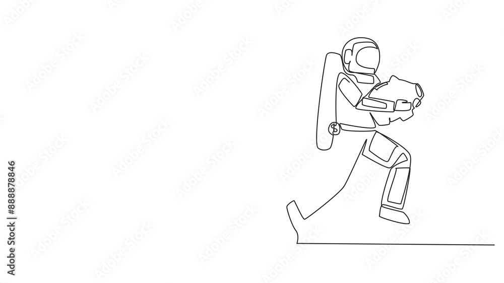 Aufkleber self drawing animation of continuous one line drawing young astronaut running while carrying a piggy