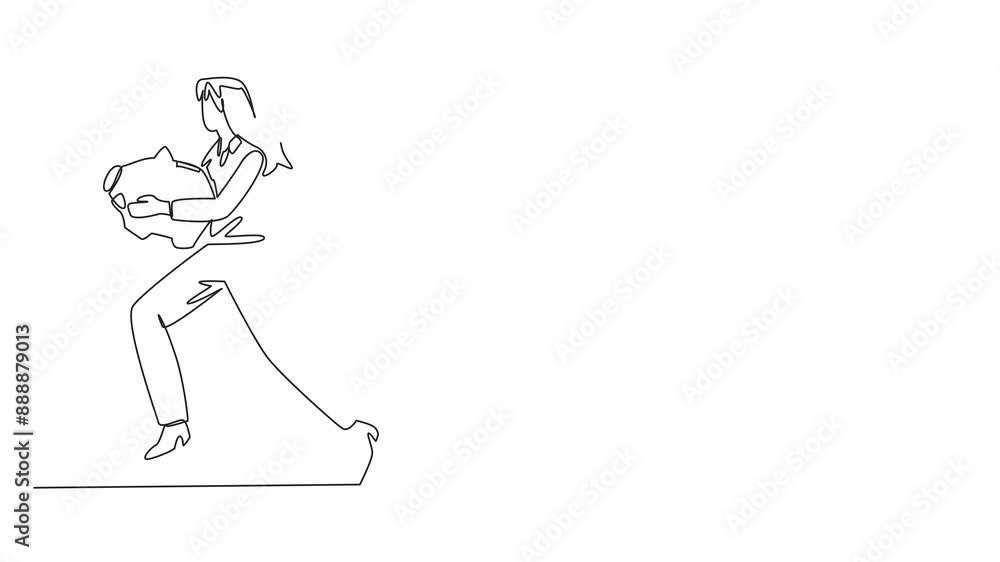 Poster self drawing animation of single one line drawing businesswoman running while carrying a piggy bank 