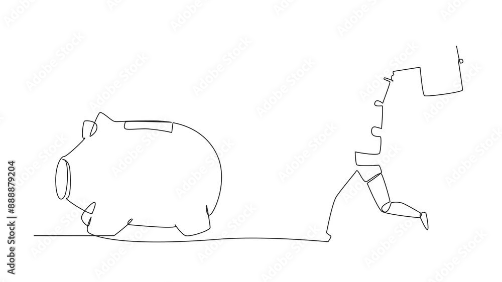 Poster animated self drawing single continuous line drawing robot holding a big hammer chasing big running 