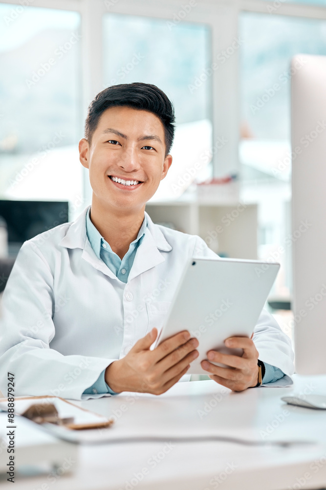 Poster science, man and portrait with tablet in laboratory for monitor experiment, scientific analysis and 