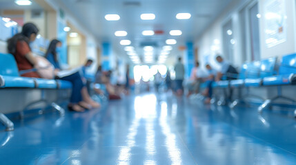 A blurred background showing the interior of a modern hospital with an empty long corridor. The waiting room for patients and families is between the corridor, with bright white lights