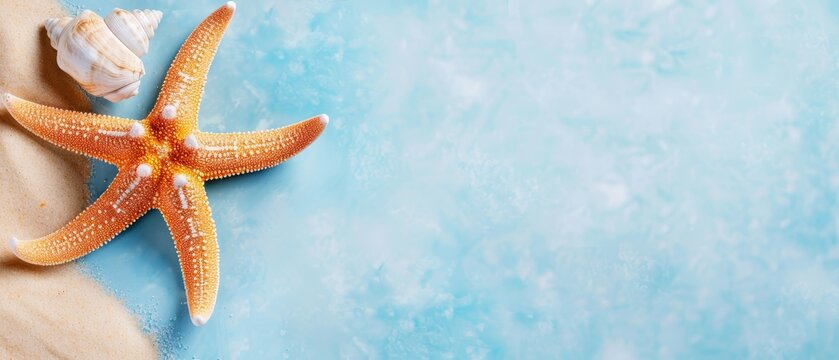  Starfish on sandy beach, near seashell Blue background..Or, for better readability and SEO:..A starfish rests on a sandy beach