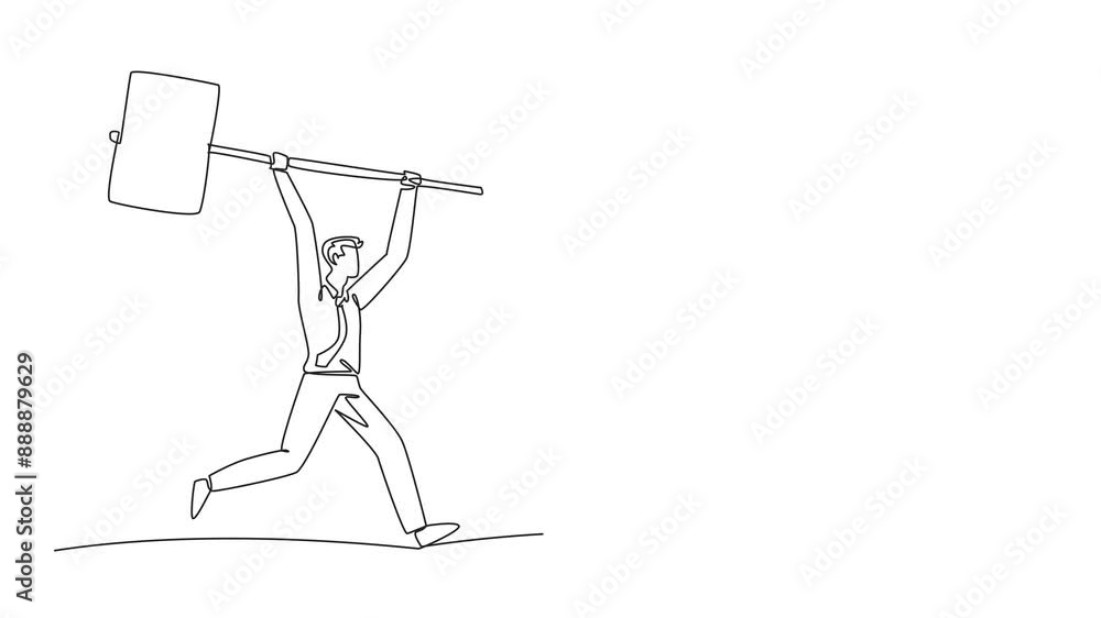 Poster animation of single continuous line drawing businessman holding a big hammer chasing big running pig