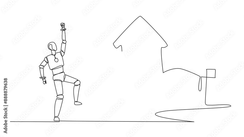 Poster animation of a single continuous line drawing of a robot excited to get a miniature house from a gia