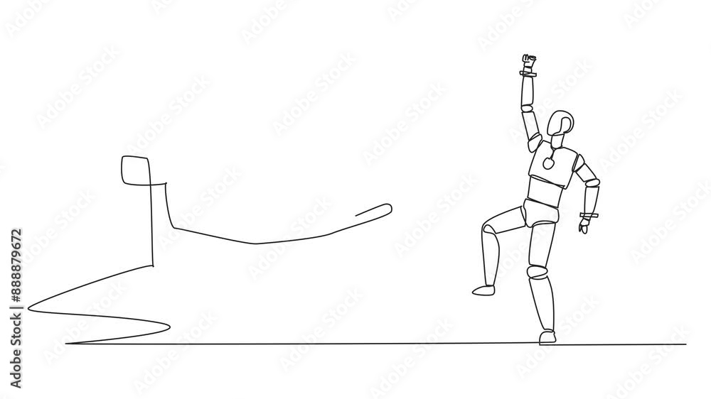 Poster animated self drawing of continuous one line drawing a robot was happy to get a star from giant hand