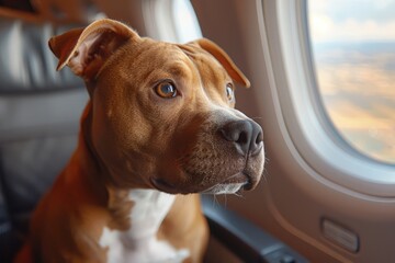 a dog in the passenger cabin of an airplane in a chair. American Staffordshire Terrier is sitting by the window on the plane. transportation of animals.