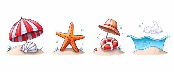 starfish, umbrella, inflatable ball, life preserver