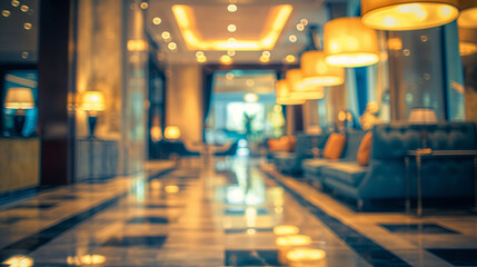 A blurry photo of a hotel lobby with couches and a check-in counter