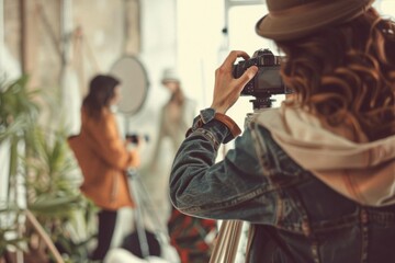 Photographer capturing a model in a stylish photo studio setup with natural light and creative background, focusing on artistic expression.