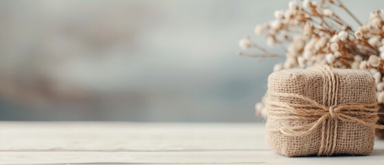 Naklejka premium A white table holds a bundle of twine, tightly wrapped in burlap, and a bundle of dried flowers