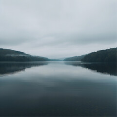 view of a lake, overcast sky, sparse clouds, symmetrical, photography