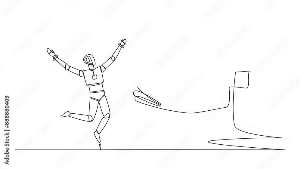 Aufkleber self drawing animation of continuous one line drawing a robot excited to get king's chess piece from