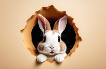 Obraz premium A cute cartoon bunny with big blue eyes and friendly smile peeking through a hole in the wall. The neutral background and the detailed illustration.