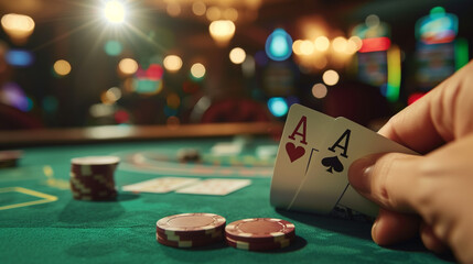 Poker player focused on the game at a green casino table, surrounded by cards and chips. There is an atmosphere of excitement and competition around.
