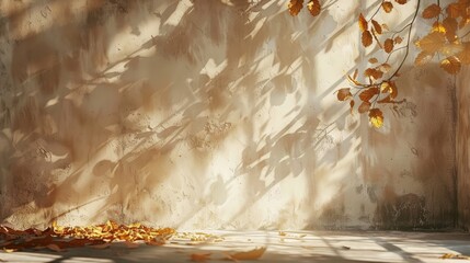 Fall themed studio backdrop with light and shadow on neutral wall and floor