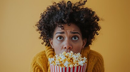 Person with popcorn, yellow background