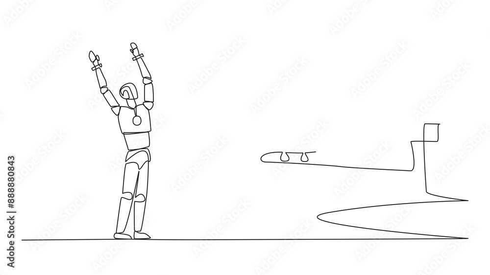 Poster animated self drawing of single one line drawing a smart robot excited to get dollar symbol coin fro