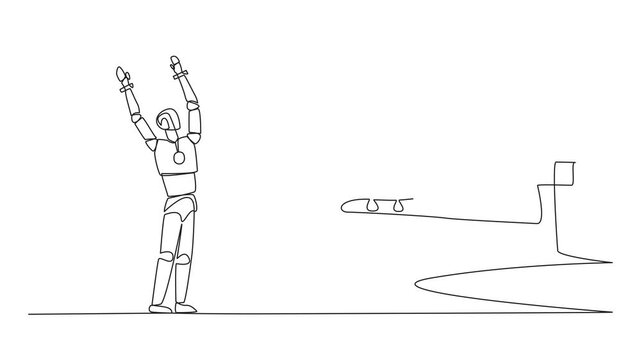 Animated self drawing of single one line drawing a smart robot excited to get dollar symbol coin from a giant hand. Intelligence increases by a level. Able to know money. Full length animation